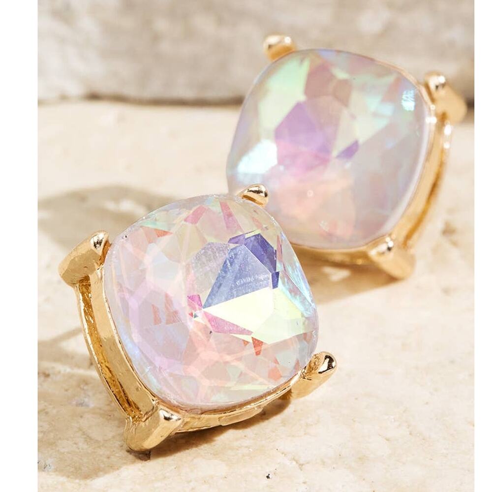 Opalescent White Faceted Glass Stud Earrings